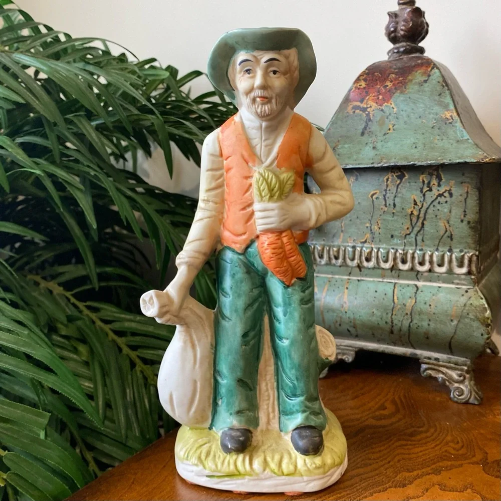 Vintage Ceramic Farmer Figurine in Green and Orange